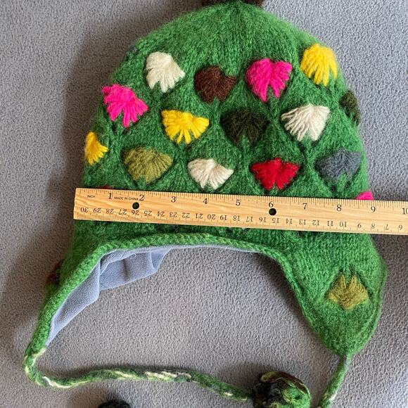 Rising International Boho Lined Knit Pom Beanie Green Multicolor One Size